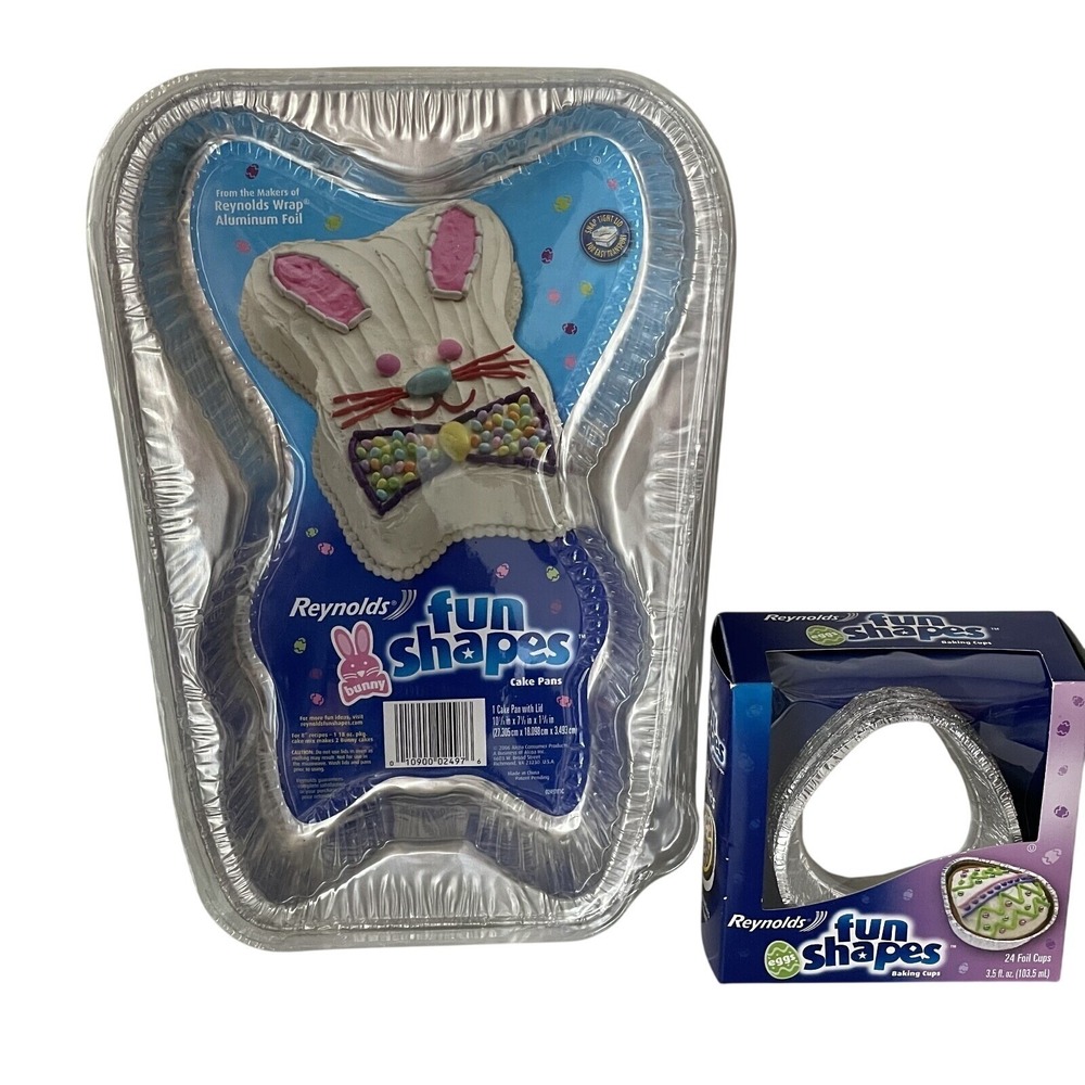 NOS 2006 Reynolds Fun Shapes Bunny Cake‎ Pan w/Lid + Egg Gelatin Mold Cups Set